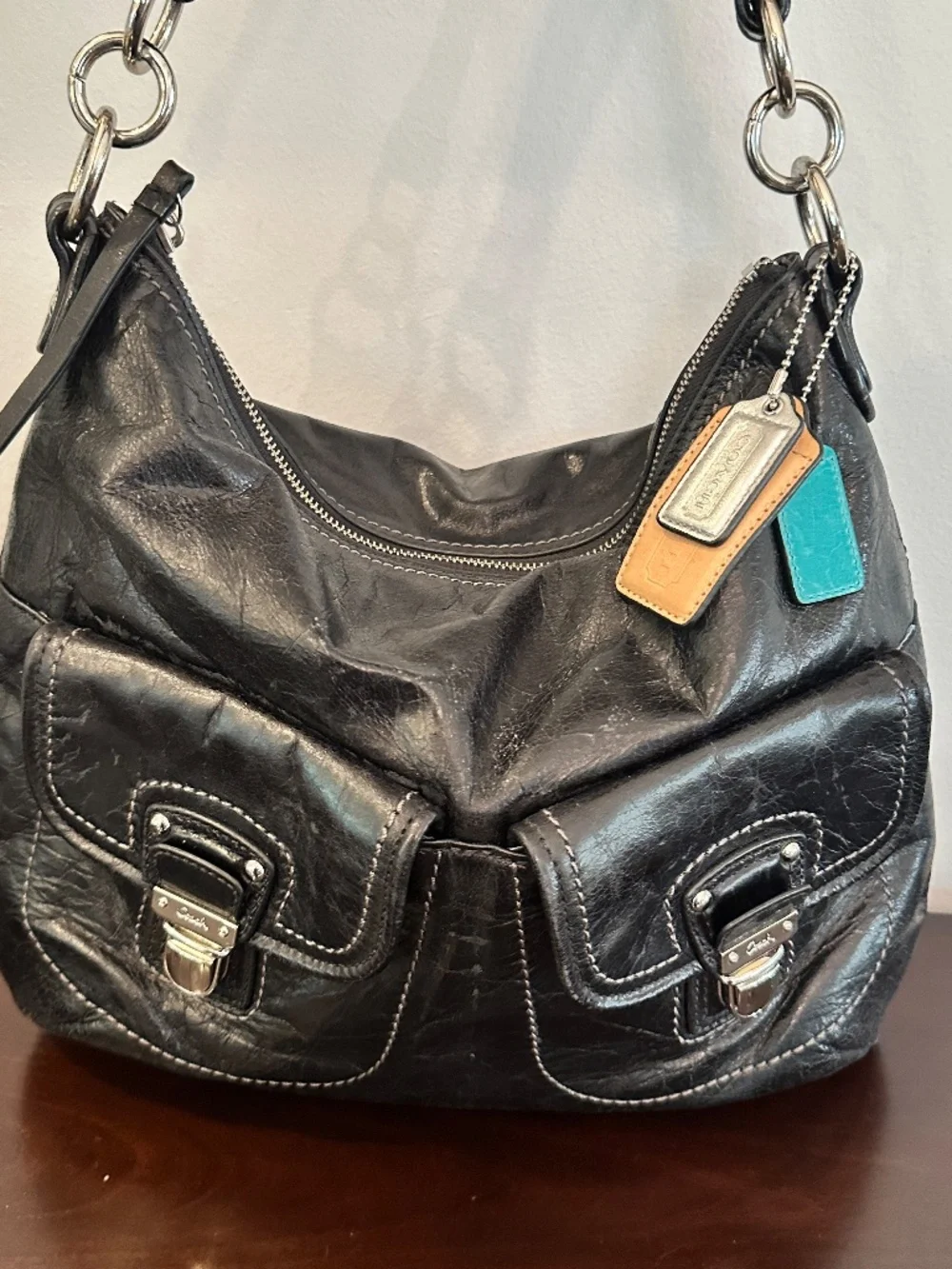 Y2K Coach Distressed Leather Double Pockets Limited Edition Shoulder Bag 19768